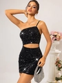 Sexy zwarte pailletten bodycon jurk met één schouder en taille-uitsnijding voor chique feestjes - S / Zwart