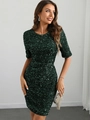 Slim fit dark green sequin mini dress with round neck and short sleeves for party wear - S / Green