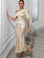 Robe de soirée élégante à une épaule en sequins champagne avec drapé en mousseline ivoire - S / Or champagne