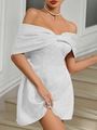 Elegant white off-shoulder mini dress with jacquard texture and ruffled bow design - White