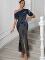 Detail of one-shoulder sequin dress with navy chiffon drape and golden geometric patterns - Navy Blue