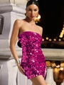 Close-up of rose red sequin bodycon mini dress with strapless design and shimmering texture - S / Rose Red