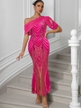 Detail of fuchsia sequin dress featuring asymmetric one-shoulder and chiffon drape - Rose Red