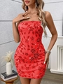 Detailed close-up of red sequin floral embroidery on a sexy strapless mesh bodycon dress - S / Red