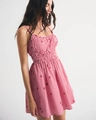 Detail of red gingham sundress with strawberry print and elastic smocking texture - S / Pink Plaid Strawberry