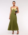Detail of elegant two-tone slip dress showing yellow top and olive green satin skirt - S / Yellow And Green