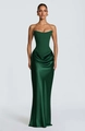 Detail of elegant dark green satin evening gown featuring a corset bodice and draped skirt - Green