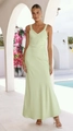 Detailed view of mint green satin slip dress with elegant fishtail hem and V-neckline - S / Light Green