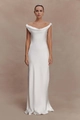 Detailed view of white satin evening dress with elegant off-shoulder draped neckline - White