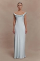Close-up of elegant light blue satin gown with refined white lace trim on the cowl neckline - Light Blue
