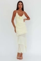 Detail of a lemon yellow maxi dress featuring 3D rose decor and ruffled layers - S / Light Yellow