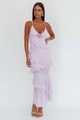 Lavender backless dress with tiered ruffles and 3D floral accent on the chest - S / Light Purple