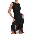Detailed view of the ruched fabric texture on a black sleeveless bodycon midi dress - Black / XL