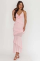 Detail of baby pink ruffled dress featuring 3D fabric flower and sheer mesh layered hem - S / Pink