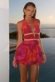 Abito sexy con scollo all'americana, stampa floreale rossa e vita intrecciata oro - S / Stampa Viola e Rossa