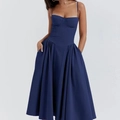 Detail of navy blue corset dress showing thin straps and functional side pockets - S / Dresses / Dark Blue