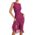 Detailed view of the ruched fabric and asymmetric ruffle hem on the magenta summer dress - Rose Red / XL