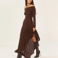 Robe longue marron à épaules dénudées avec ourlet à volants irrégulier et fente latérale - S / Brun