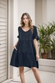 Detail of V-neck tiered babydoll dress in navy blue with ruffled sleeves and side pockets - S / Navy Blue