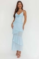 Detailed close-up of blue backless dress with layered ruffles and floral 3D appliqué - S / Light Blue