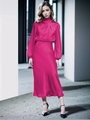 Elegante abito lungo in raso rosso rosa a maniche lunghe con vita aderente chic - Taglia S / Rosso rosa