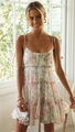 Detail of adjustable ruffled straps and floral print on a tiered summer sundress - S / Pink and Green Floral