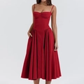 Vestito midi rosso scuro attillato sexy con spalline sottili e tasche laterali donna - S / Rosso