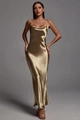 Close-up of golden satin fabric texture and sleek drape of the slim fit long dress - S / Rose Gold