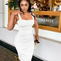 Elegant white square neck sleeveless ruched midi bodycon dress for a chic summer look - S / White