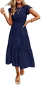 Detail of navy blue layered midi dress featuring ruffled sleeves and pleated texture fabric - S / Navy Blue