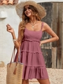 Detail of mauve pink tiered chiffon dress with textured polka dots and spaghetti straps - Bean Paste Red