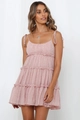 Detail of light pink floral tiered sundress with thin spaghetti straps and pleated bust - S / Pink Polka Dots