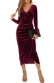 Elegante abito a portafoglio in velluto bordeaux con scollo a V e spacco asimmetrico - S / Borgogna