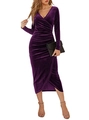 Elegante abito in velluto viola scuro con scollo a V, maniche lunghe e spacco - S / Viola scuro