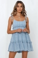 Detail of light blue floral dress with bow tie straps and tiered ruffle skirt hem - S / Blue Polka Dot