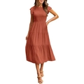 Rostfarbenes gesmoktes Stufenkleid für Damen mit Flatterärmeln und weitem Rockteil - S / Rostrot