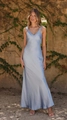 Elegant light blue satin V-neck maxi dress with wide straps and smooth drape finish - S / Sky Blue