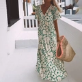 Women's summer V-neck maxi dress featuring green floral print on cream fabric - S / Mint Green