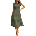 Olivgrünes Midi-Kleid mit Smok-Effekt, Flatterärmeln und gestuftem Saum für Damen - S / Armeegrün