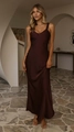 Elegant deep burgundy satin maxi dress with V-neck and wide straps for formal events - S / Chocolate