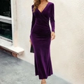 Elegant purple velvet long sleeve V-neck bodycon evening dress with side ruching detail - S / Deep purple