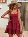 Deep red Swiss dot sundress featuring a tiered ruffle skirt and bohemian camisole style - Burgundy