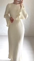 Detail of cream pleated maxi dress featuring elegant flared sleeves and round neckline - S / White
