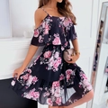Sommerkleid aus Chiffon mit Blumenmuster, schulterfrei, schwarz mit rosa Rosen und Stufen - S / Schwarz