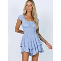 Light blue smocked waist mini dress with ruffled sleeves and tiered layers for summer - Light Blue