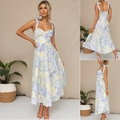 Floral midi dress featuring tie-shoulder straps and a light blue abstract flower print - S / Blue