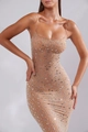 Detail view of sparkling rhinestones on a bodycon nude mermaid dress with thin straps - S / Nude