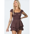 Short brown cotton mini dress with ruffle square neck and elastic waist in coffee color - Coffee