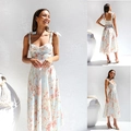 Slim fit V-neck floral midi dress in light blue with pink orange flower patterns - S / Apricot