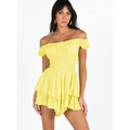 Slim fit bright yellow smocked off-shoulder mini dress with layered ruffle hem detail - Yellow